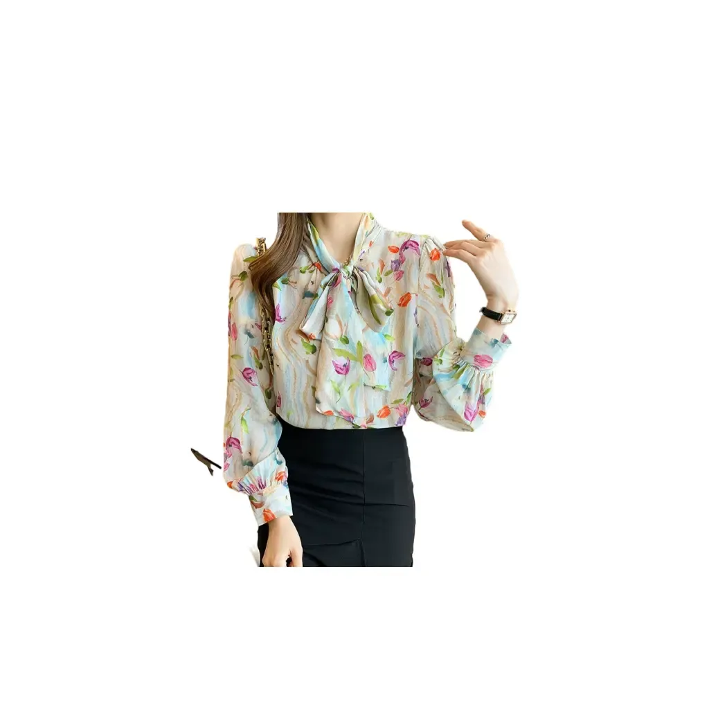 #3164 Long Sleeve Blouse Women Bow Collar Vintage Chiffon Printed Blouse Femme Office Retro Ladies Blouses Thin Spring Autumn