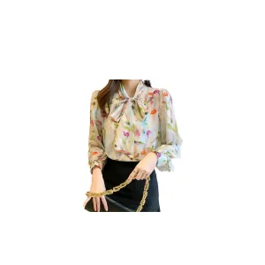 #3164 Long Sleeve Blouse Women Bow Collar Vintage Chiffon Printed Blouse Femme Office Retro Ladies Blouses Thin Spring Autumn
