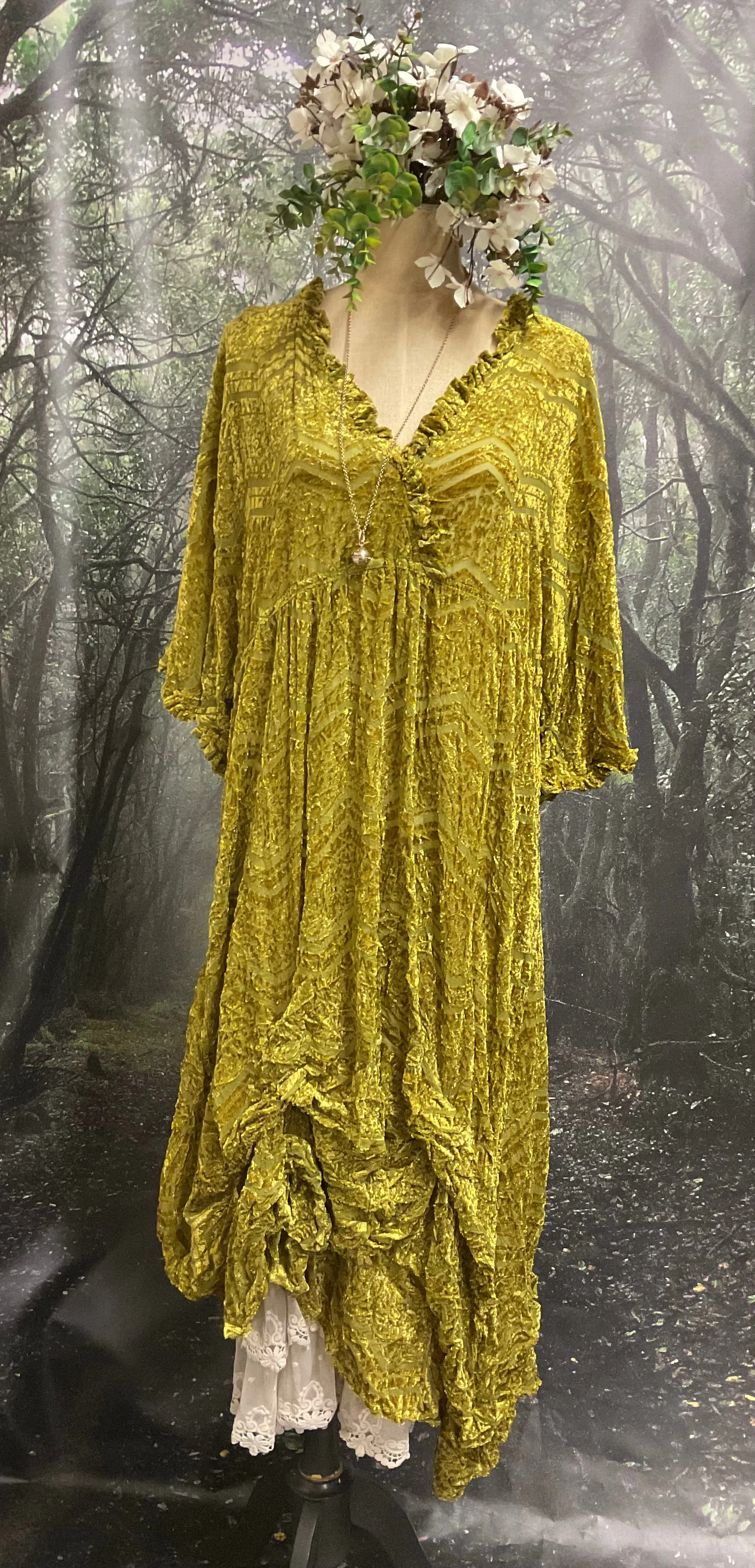 #5086 Chartreuse velvet rooshe dress