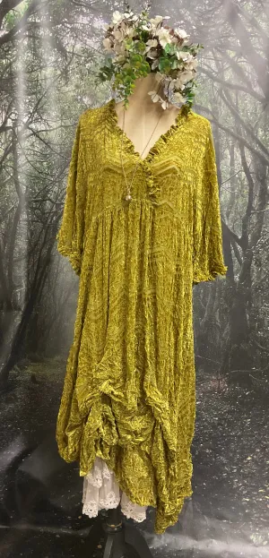 #5086 Chartreuse velvet rooshe dress