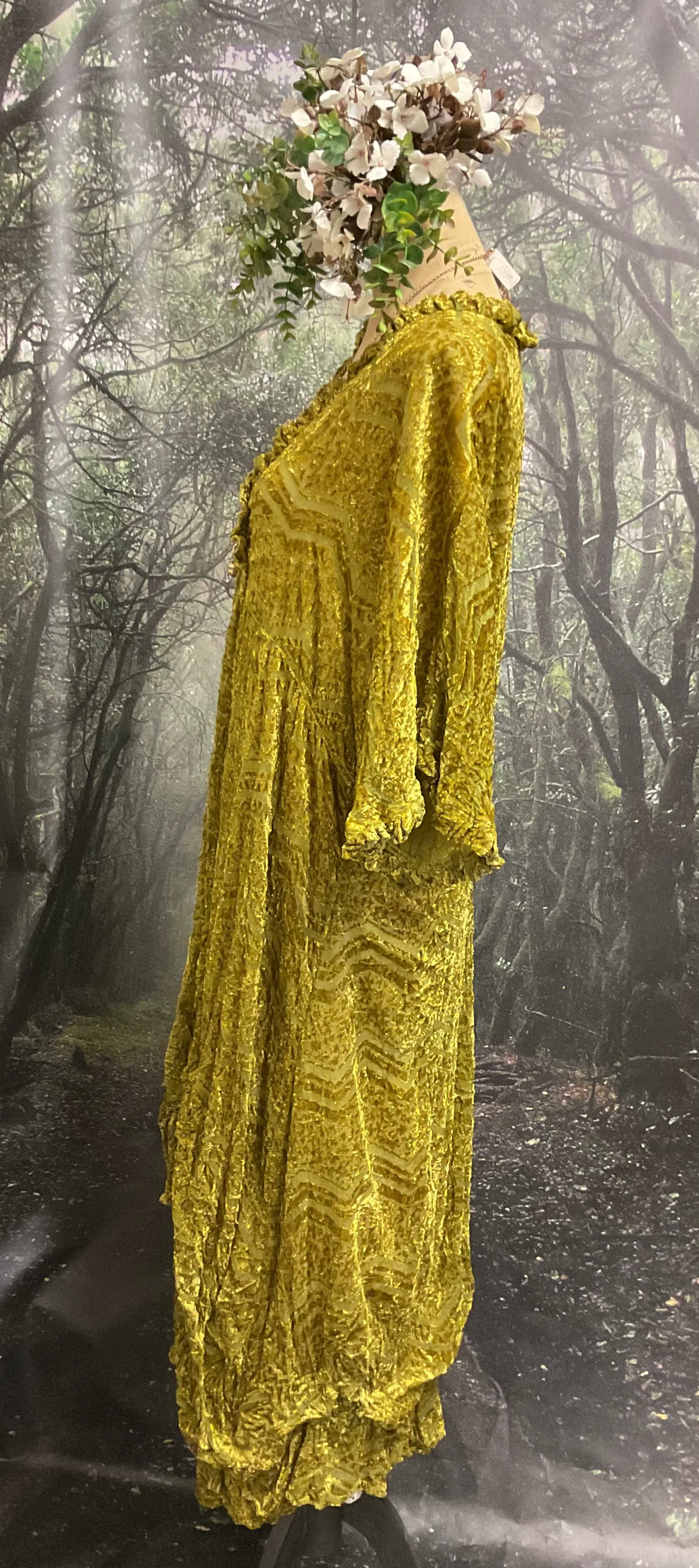 #5086 Chartreuse velvet rooshe dress