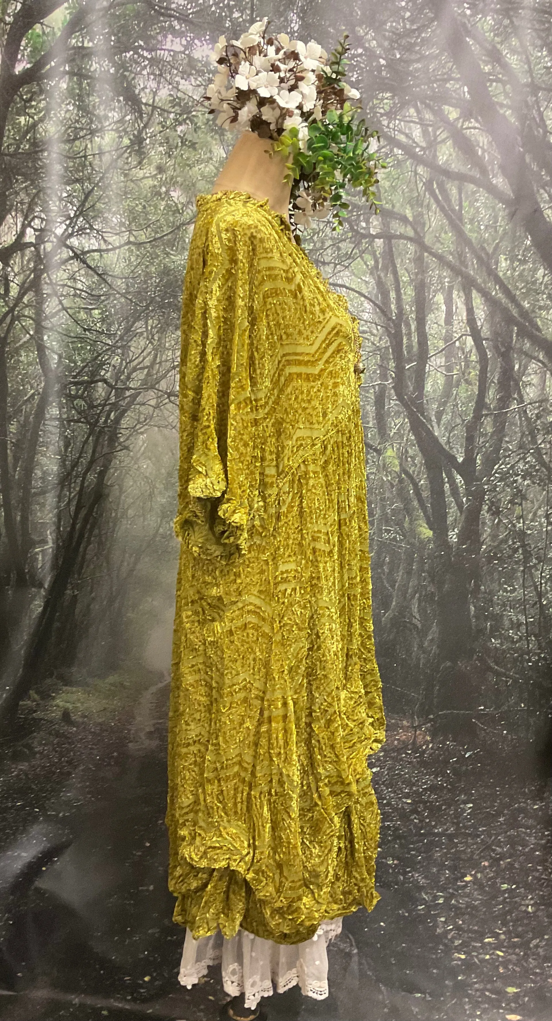 #5086 Chartreuse velvet rooshe dress