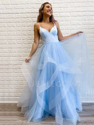A-line Blue Tulle Spaghetti Straps Long V Neck Evening Prom Dresses, Cheap Custom Prom Dresses, MR7580