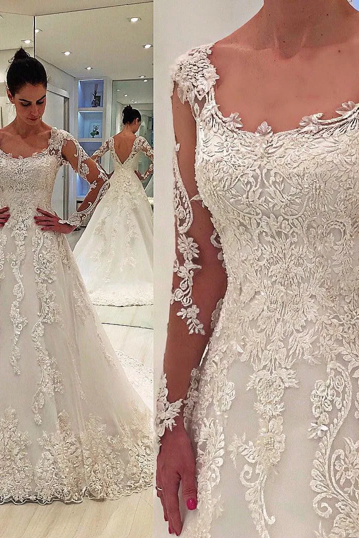 A-line Round Neck Long Sleeve Floor Length Tulle Applique Wedding Dress