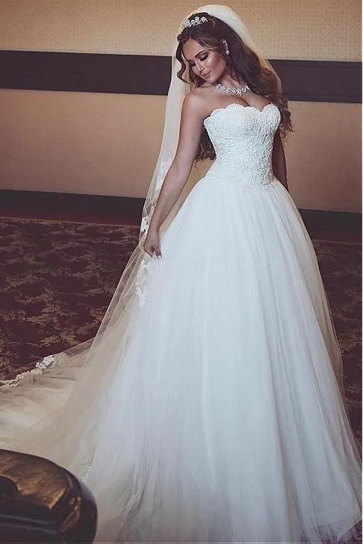 A-line Strapless Lace Corset Wedding Dresses Ivory Tulle Skirt
