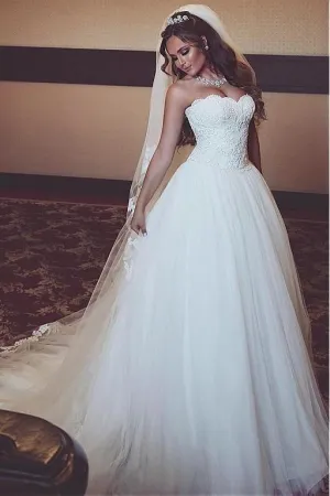 A-line Strapless Lace Corset Wedding Dresses Ivory Tulle Skirt