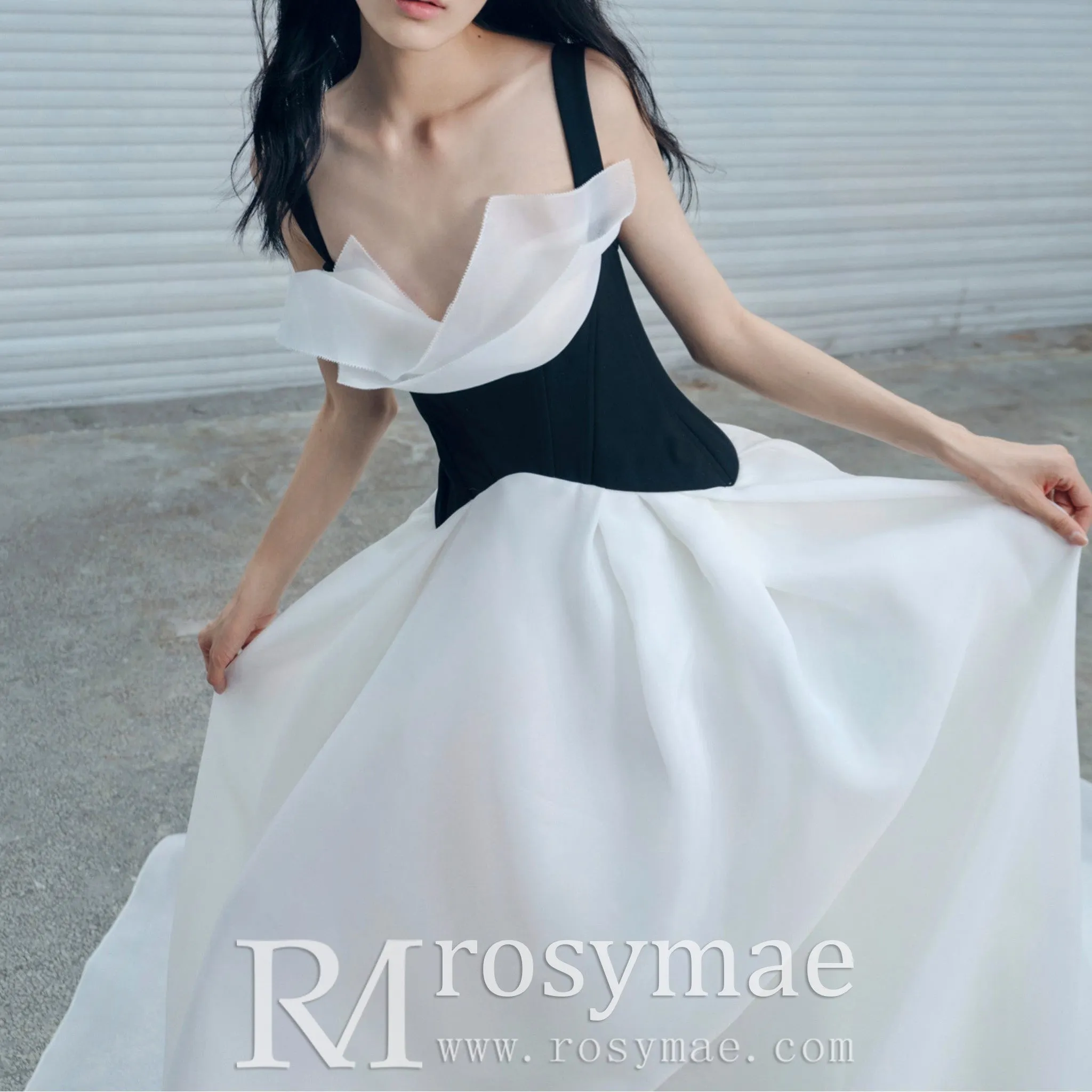 A-line White Black Wedding Dresses with Tank Asymmetrical Neck