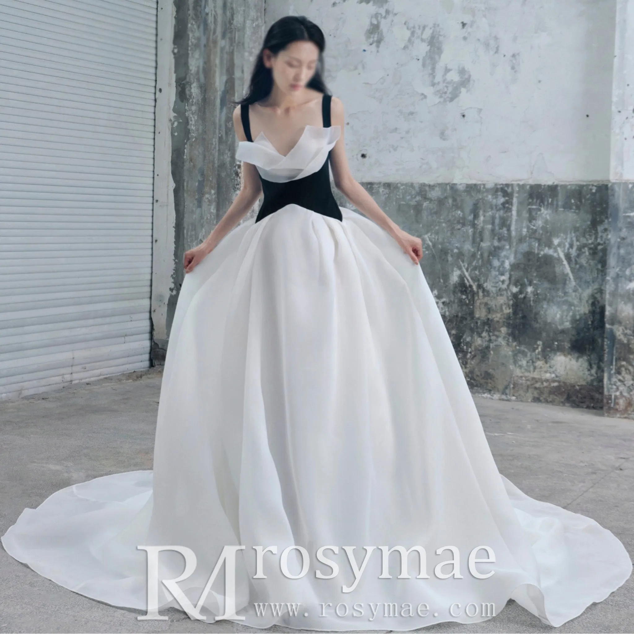 A-line White Black Wedding Dresses with Tank Asymmetrical Neck