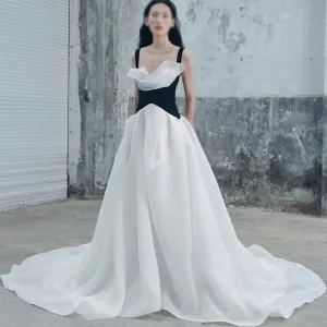 A-line White Black Wedding Dresses with Tank Asymmetrical Neck