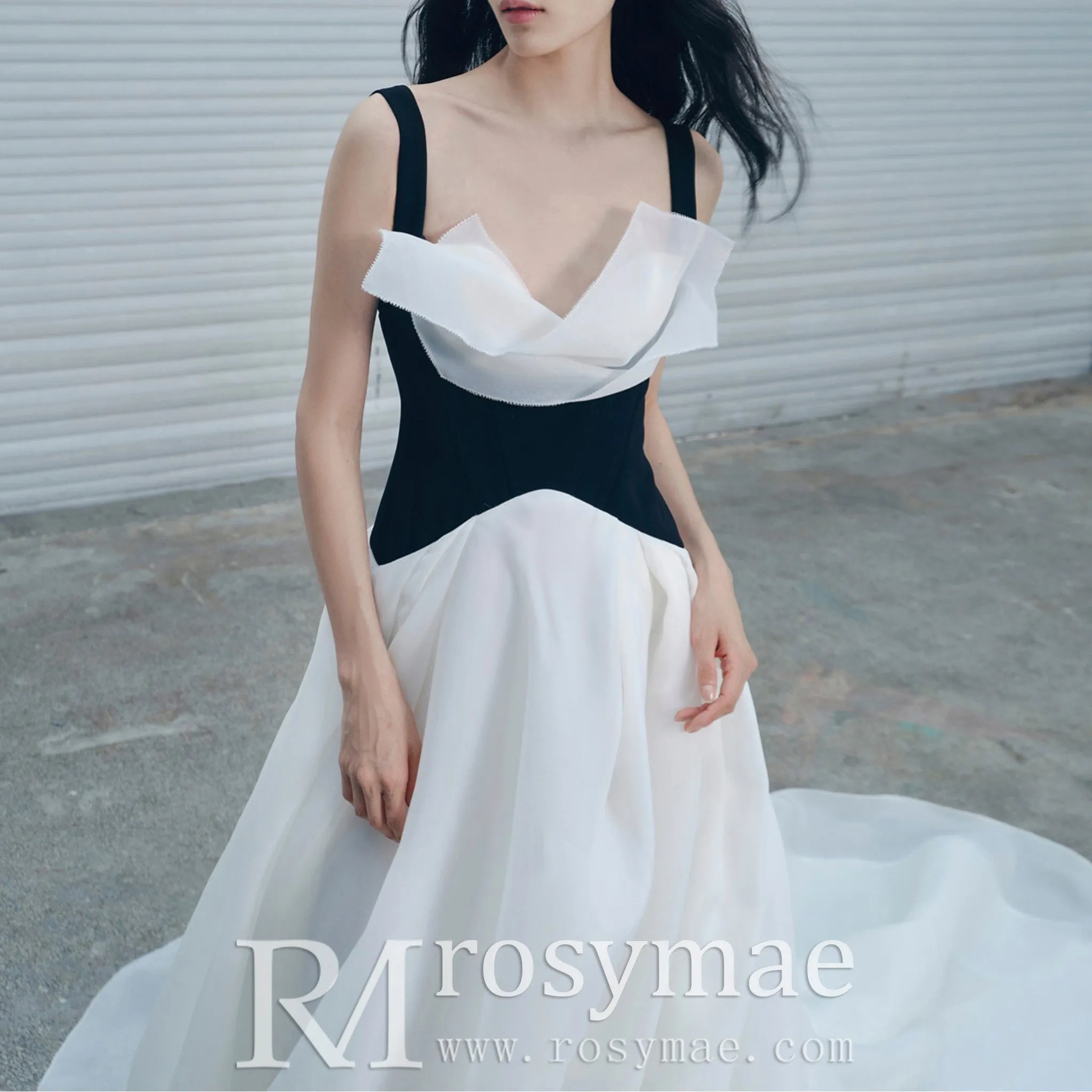 A-line White Black Wedding Dresses with Tank Asymmetrical Neck