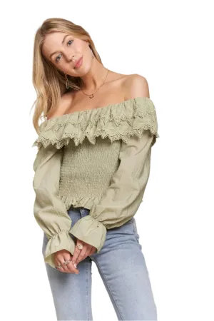 ADORA Smocking Blouse with Eyelet Lace Ruffle