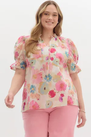 Alaya Floral Tie Neck Blouse, Berry | Plus Size