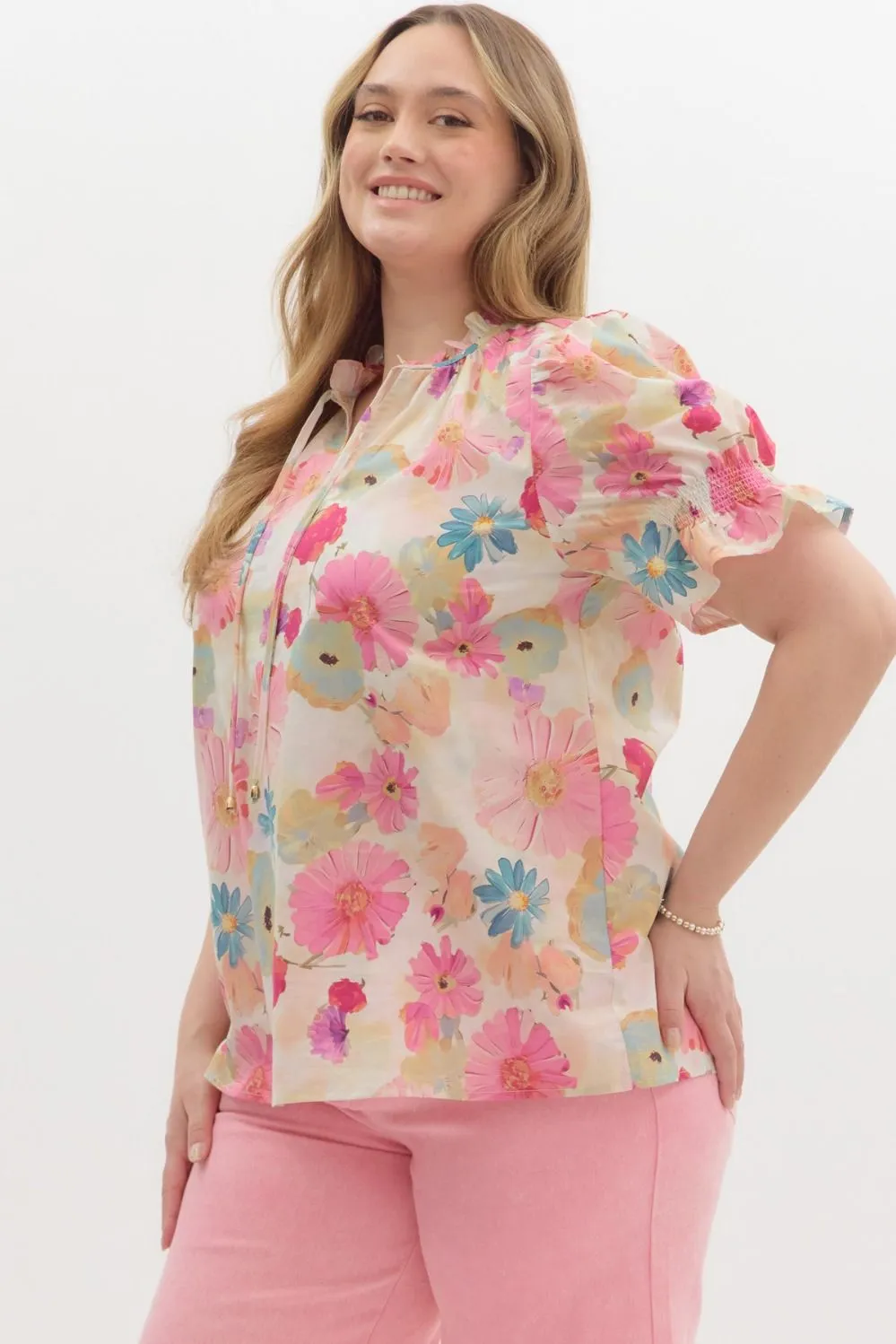 Alaya Floral Tie Neck Blouse, Berry | Plus Size
