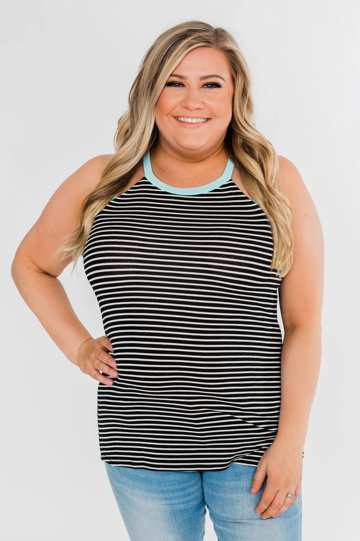 All I Need Striped Tank Top- Aqua & Black