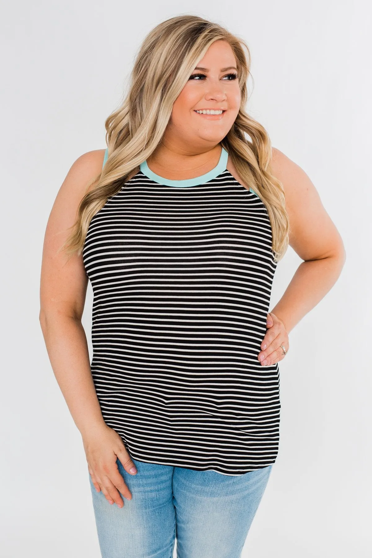 All I Need Striped Tank Top- Aqua & Black