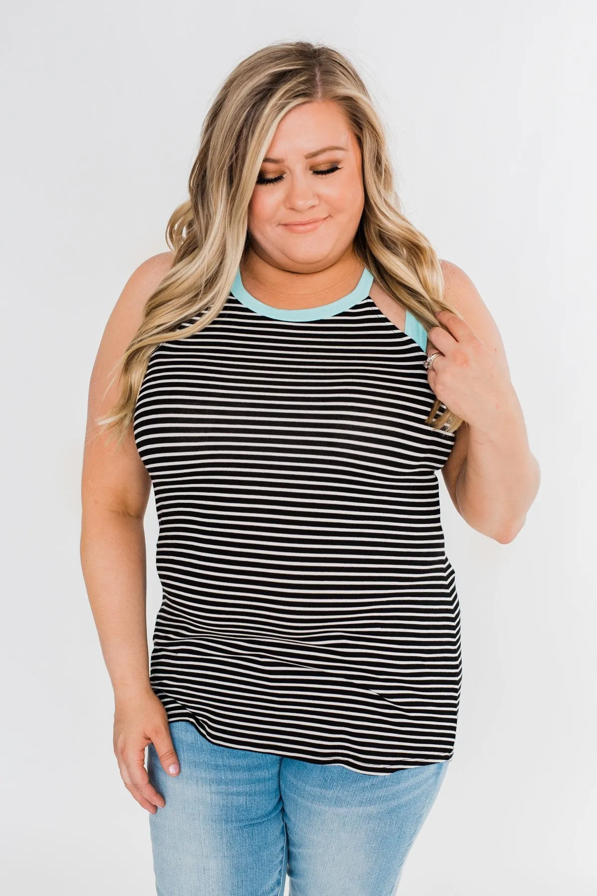 All I Need Striped Tank Top- Aqua & Black