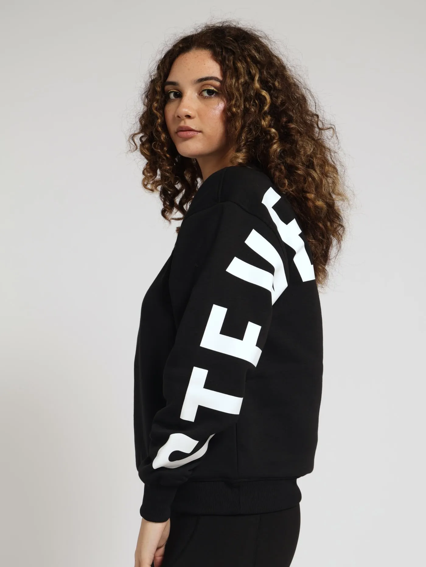 Amelia Oversized Crew Neck Fleece Sweat Top - Black