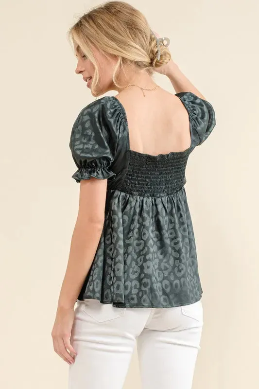 And The Why Satin Leopard V Wired Puff Sleeves Blouse