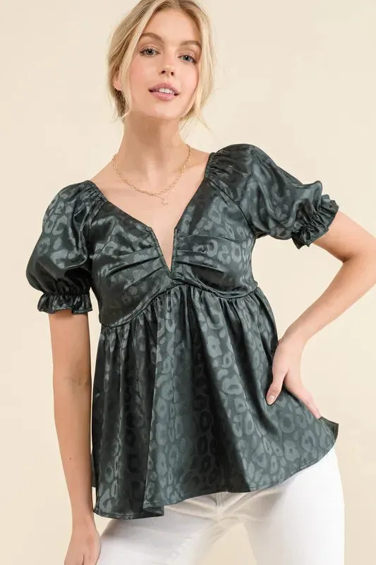 And The Why Satin Leopard V Wired Puff Sleeves Blouse
