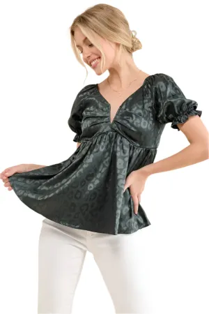 And The Why Satin Leopard V Wired Puff Sleeves Blouse