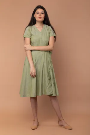 Apple Green Wraparound Dress in Hand loom Cotton from Sambalpur (Set of 2)