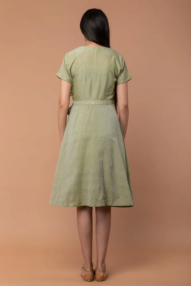 Apple Green Wraparound Dress in Hand loom Cotton from Sambalpur (Set of 2)
