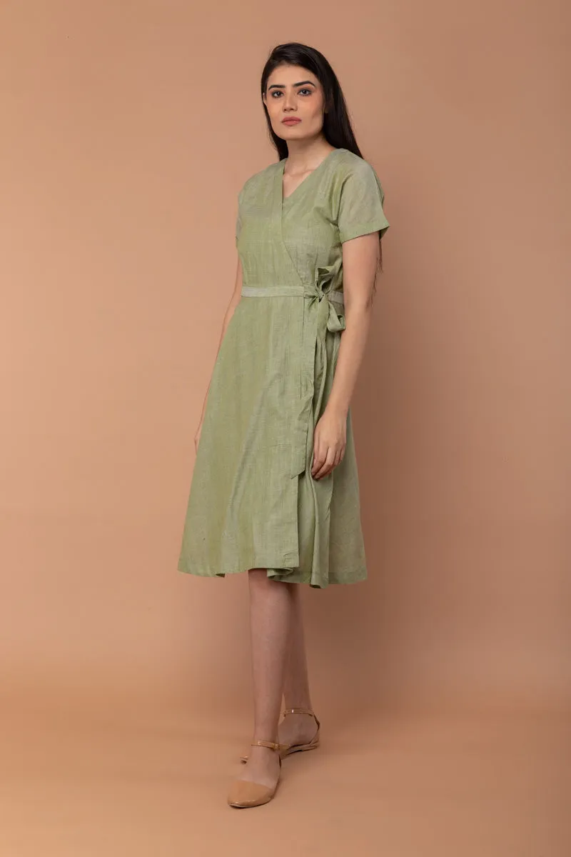 Apple Green Wraparound Dress in Hand loom Cotton from Sambalpur (Set of 2)