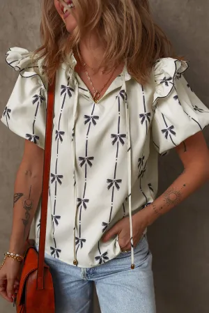 Apricot Bow Printed Ruffled Bubble Sleeve Lace-up Notched Neck Plus Size Blouse