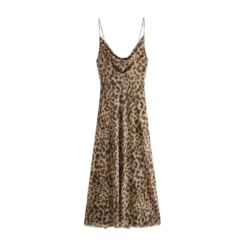 ASDS Leopard Print Long Dress Women Tulle Backless Slip Dress Woman