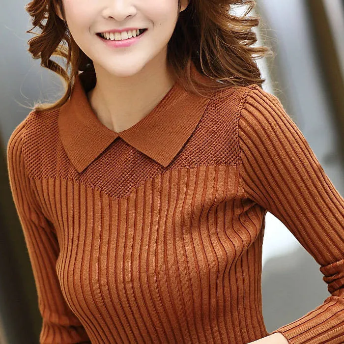Autumn Winter Women Sweaters and Pullovers Peter Pan Hollow Out Solid Sudaderas Sueter Knitted Sweater Chandail Femme