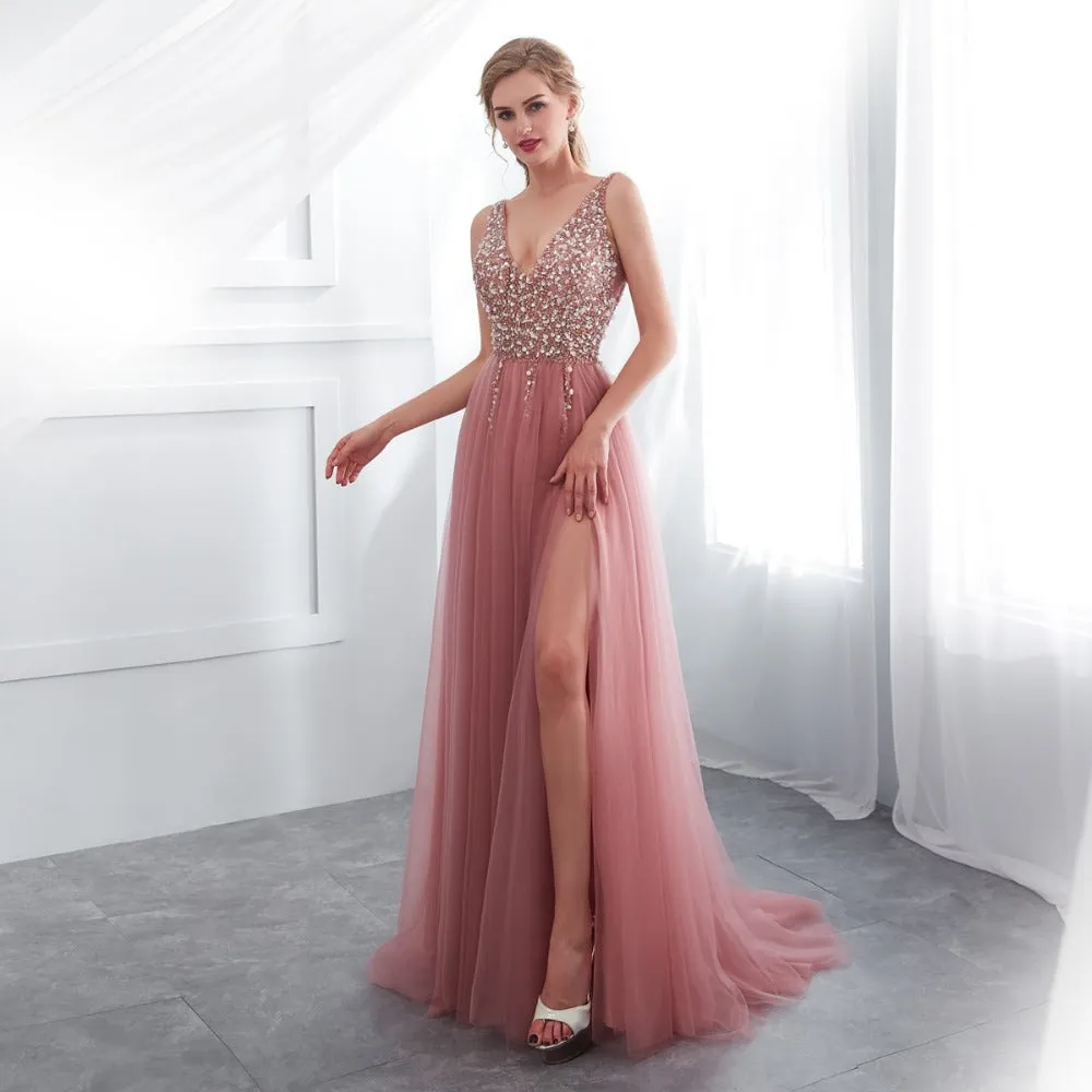 Bethany Beaded A-Line Sweep Train Dress