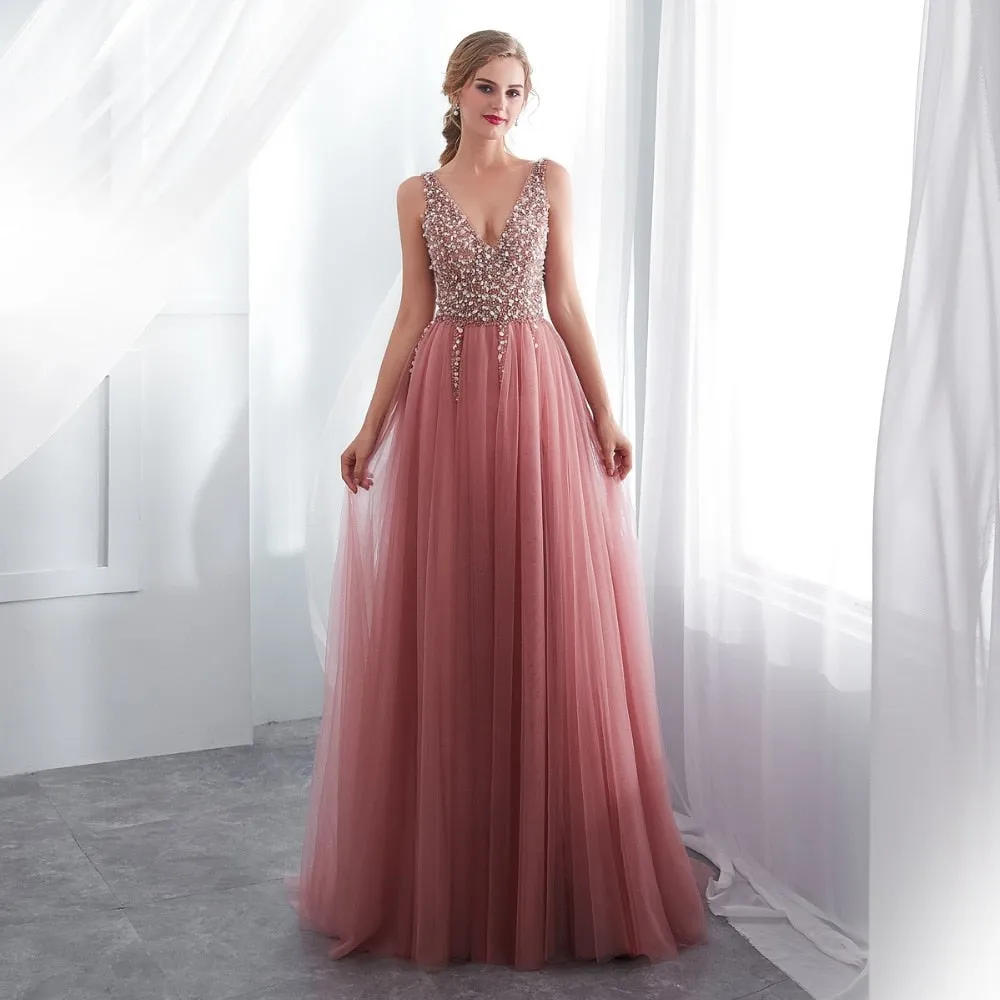 Bethany Beaded A-Line Sweep Train Dress