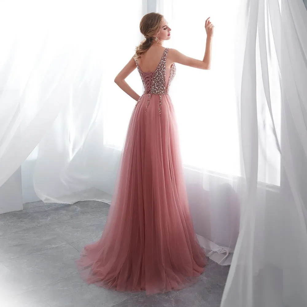 Bethany Beaded A-Line Sweep Train Dress