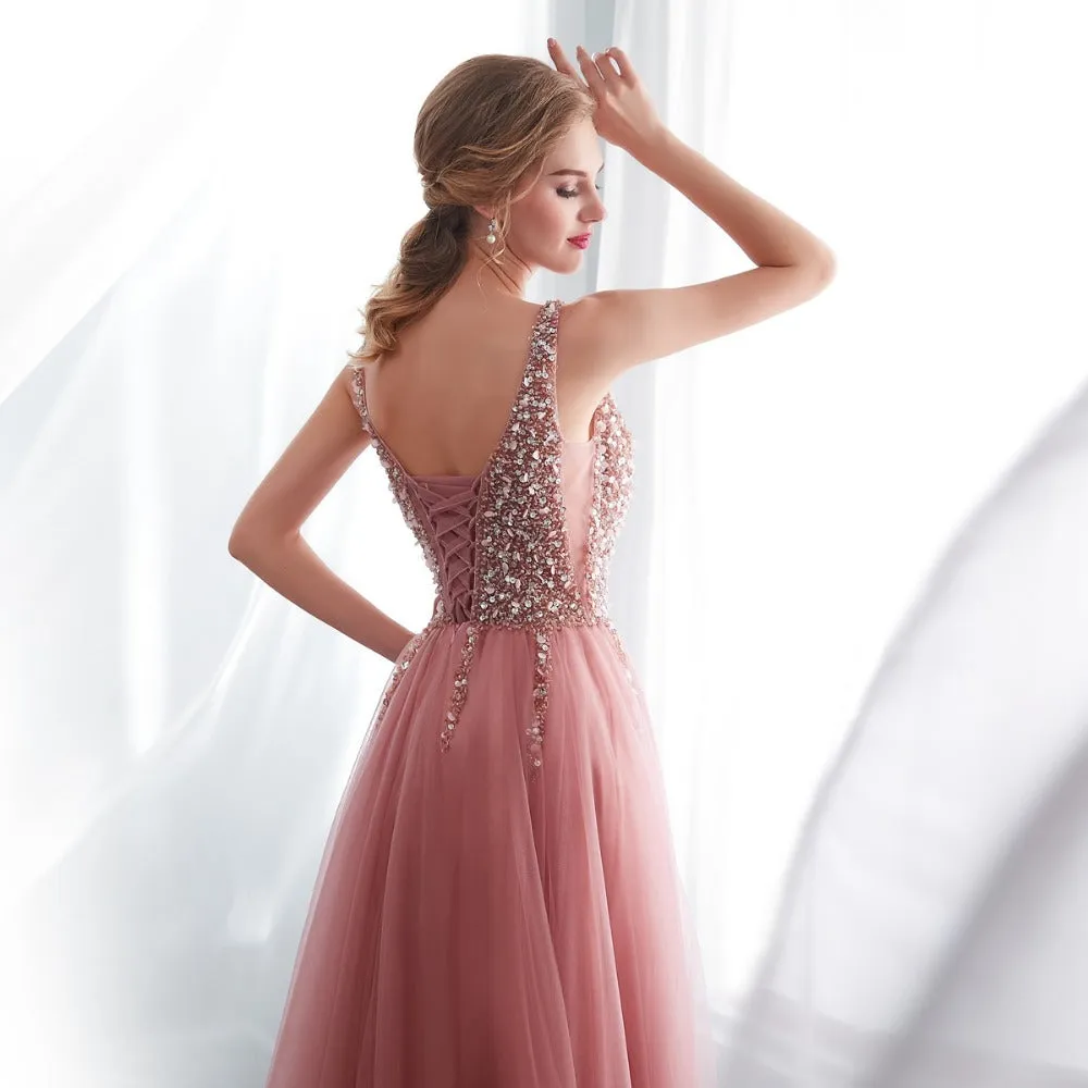 Bethany Beaded A-Line Sweep Train Dress