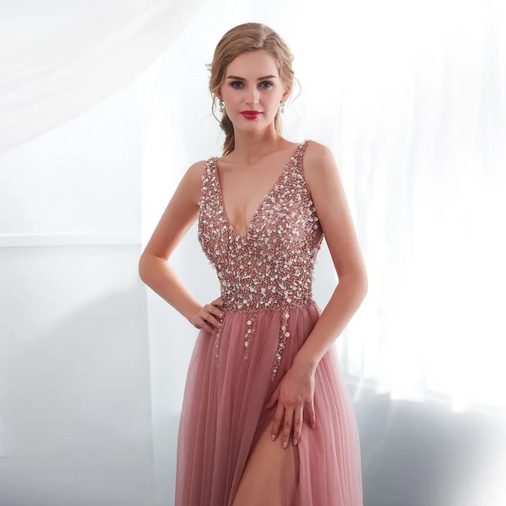 Bethany Beaded A-Line Sweep Train Dress