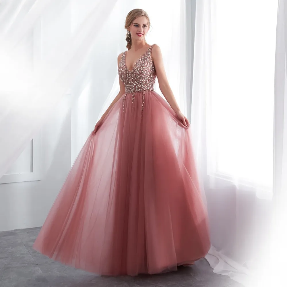 Bethany Beaded A-Line Sweep Train Dress