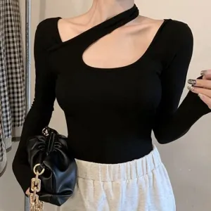 Black Left Cut-Out Fitted Top