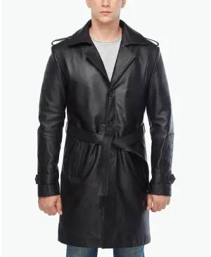 Black Real Leather Vintage Trench Coat