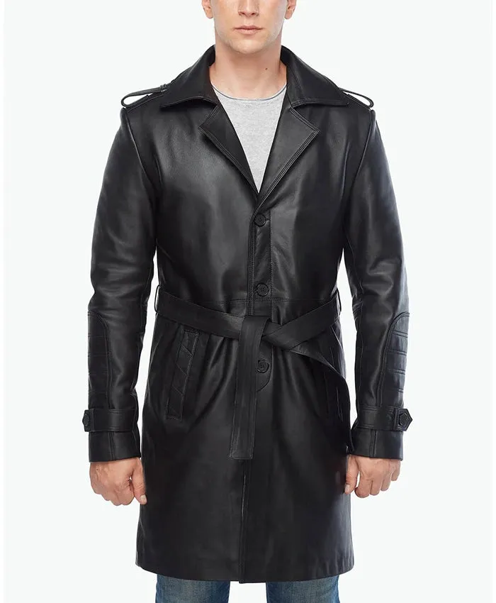 Black Real Leather Vintage Trench Coat