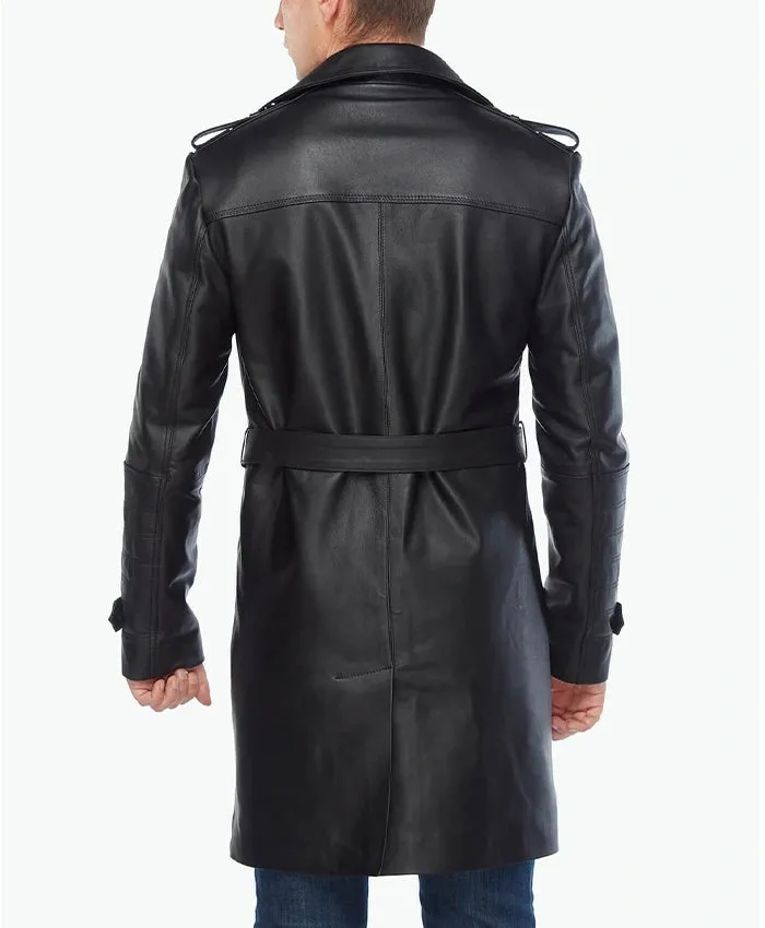 Black Real Leather Vintage Trench Coat
