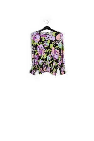 Black smocked top with floral print