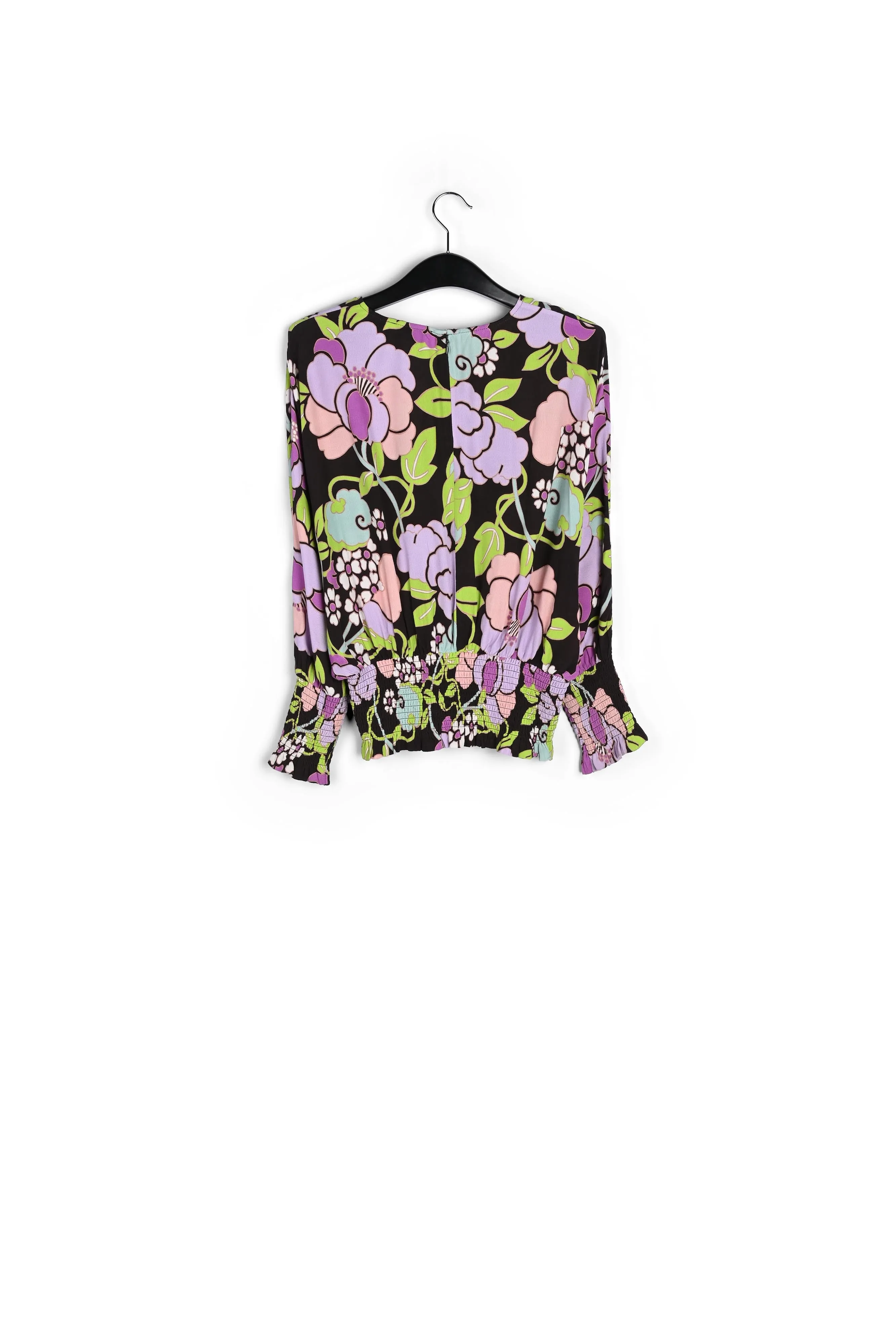 Black smocked top with floral print
