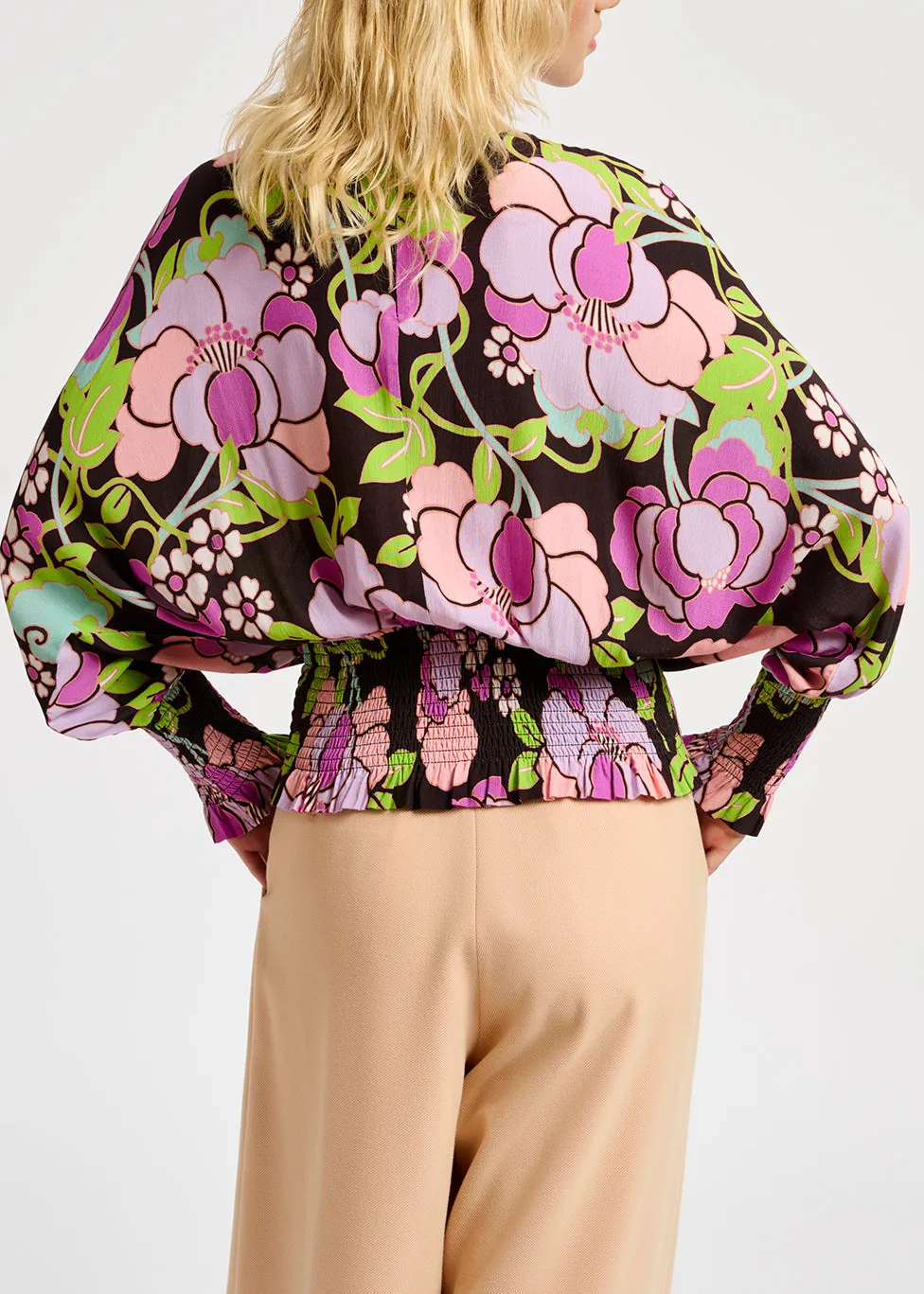 Black smocked top with floral print