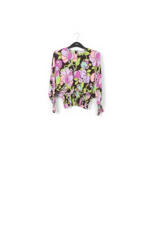 Black smocked top with floral print