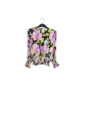 Black smocked top with floral print