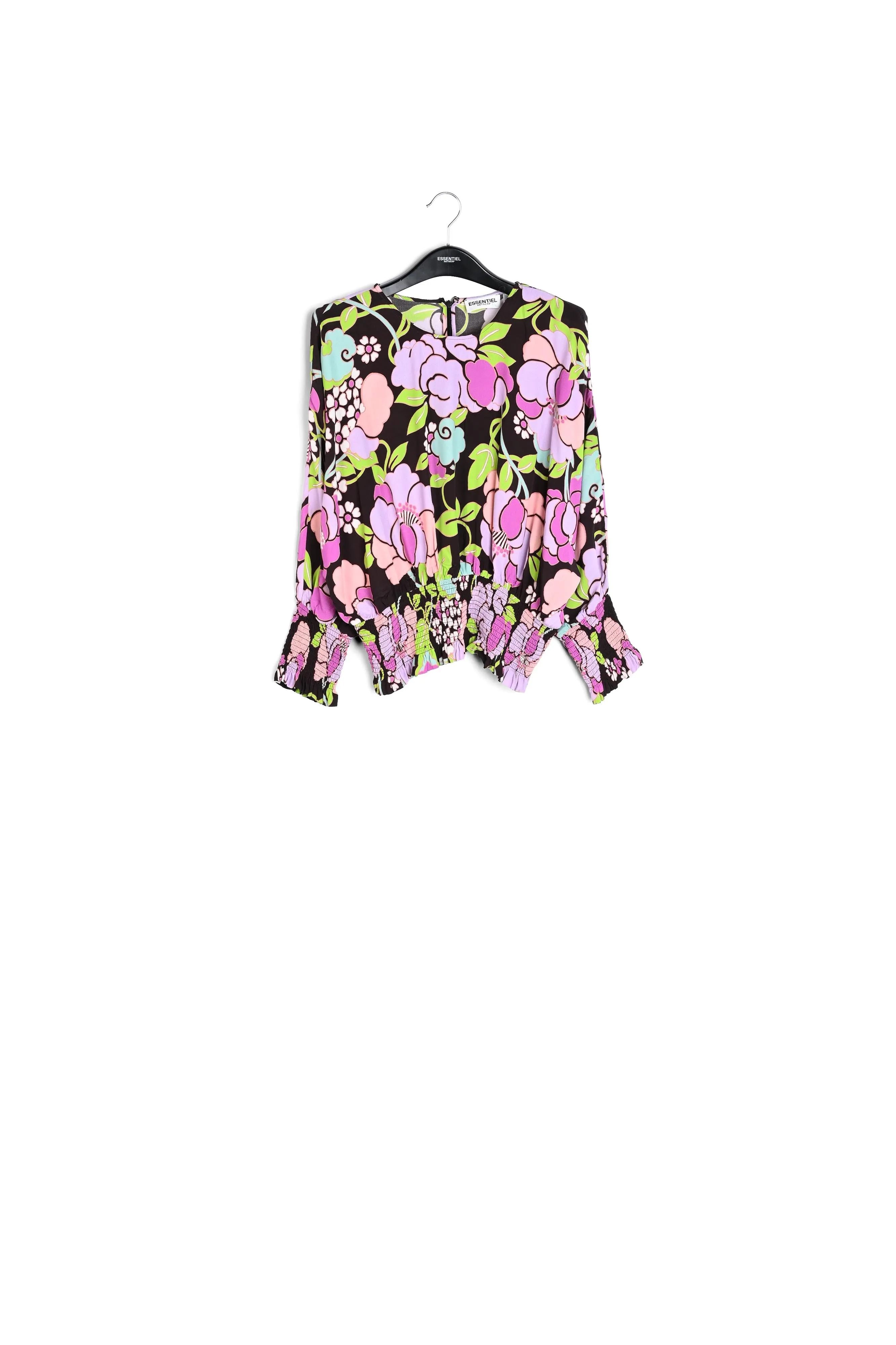 Black smocked top with floral print