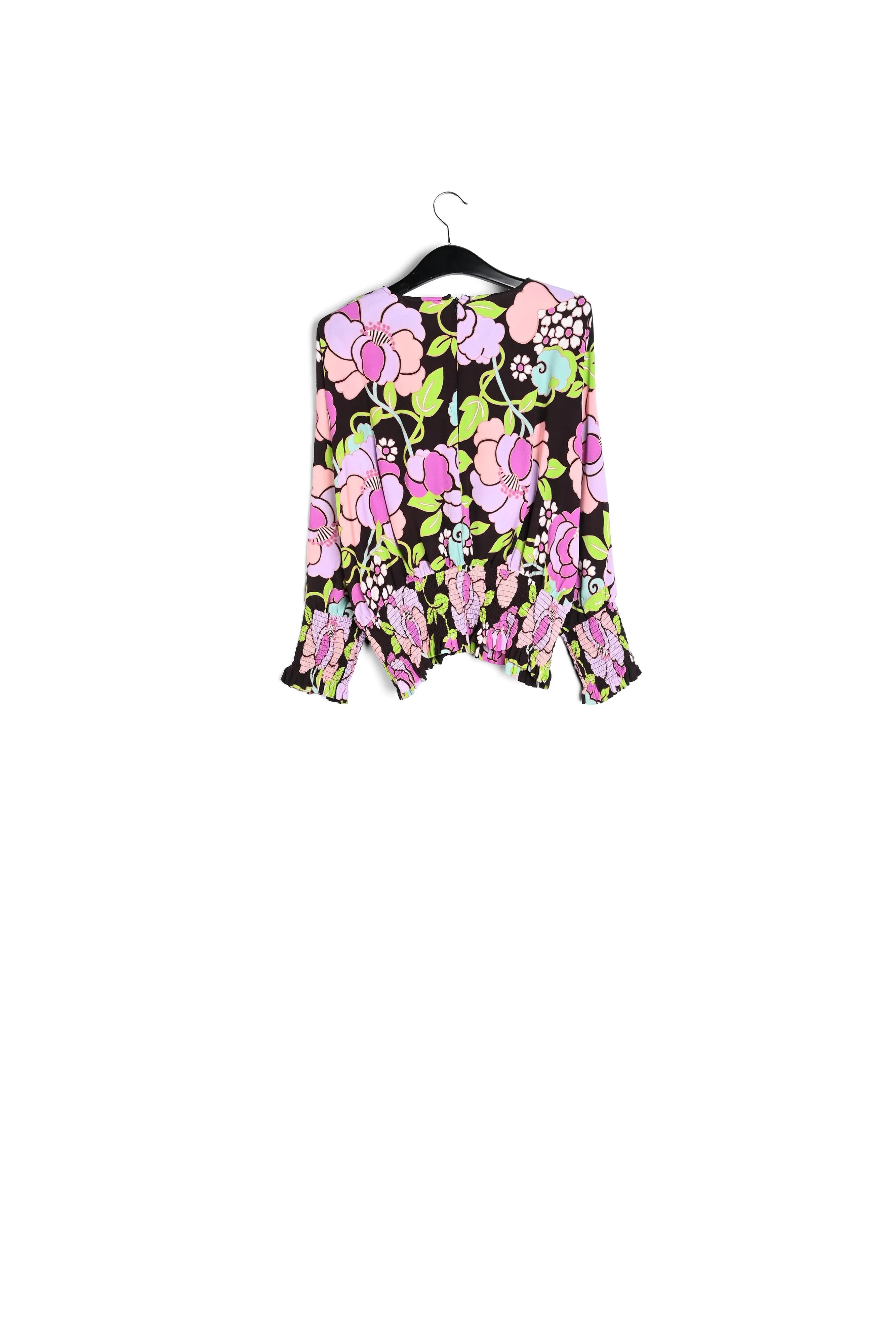 Black smocked top with floral print