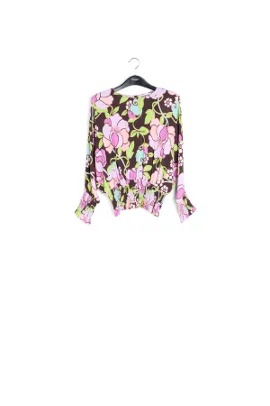 Black smocked top with floral print