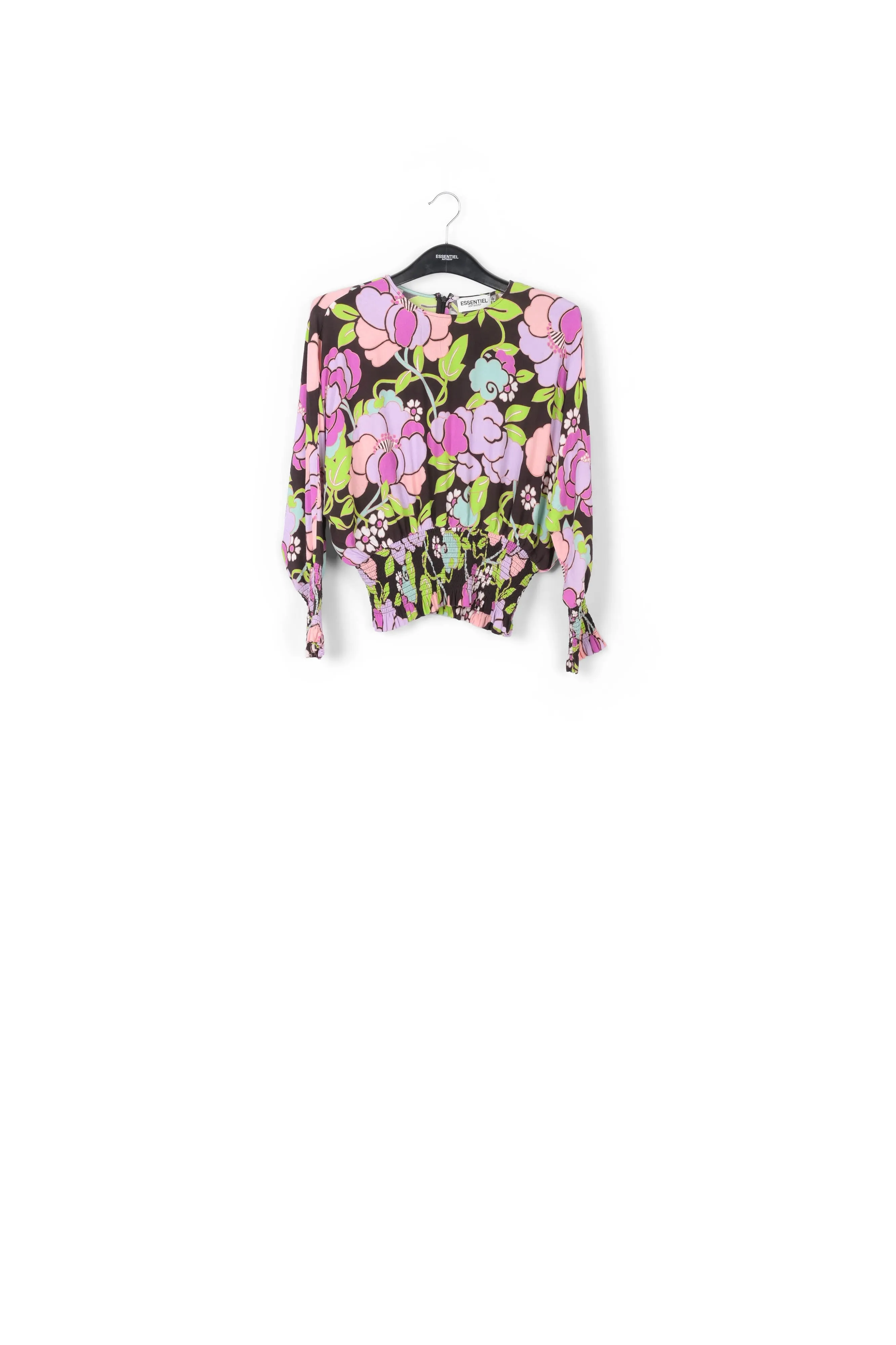 Black smocked top with floral print