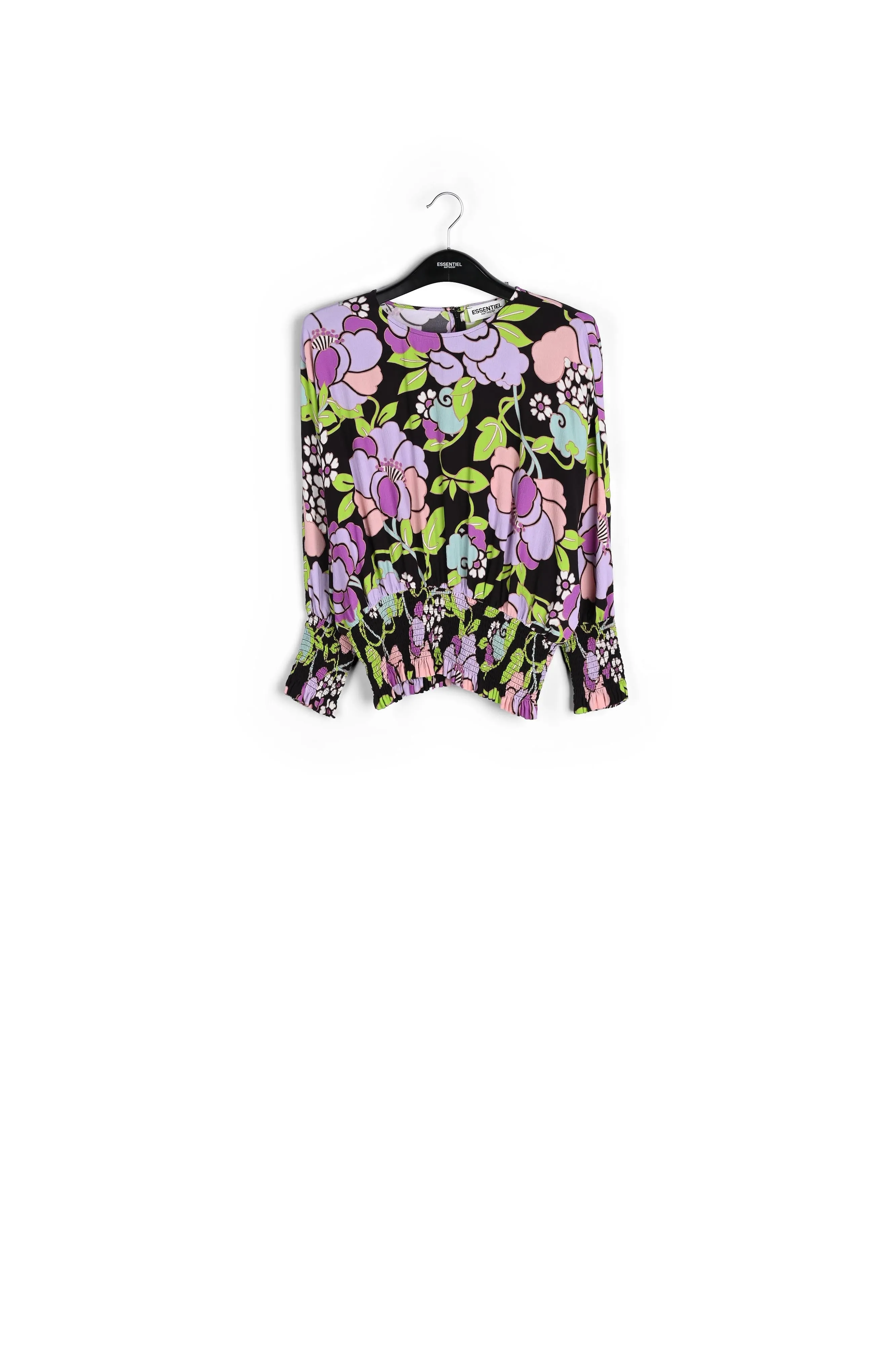 Black smocked top with floral print